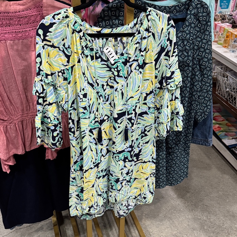 Crown & Ivy Women's Dress - Yellow and Blue Leaf Print